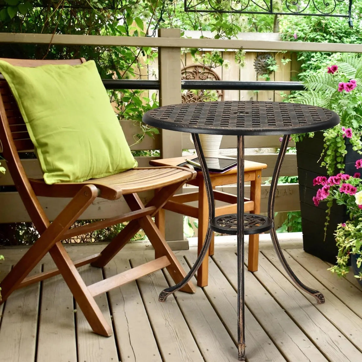 Patio Bistro Table, 24" Round Outdoor Coffee Table with 2" Umbrella Hole, Outdoor Cast Aluminum Bistro Table Side Tab