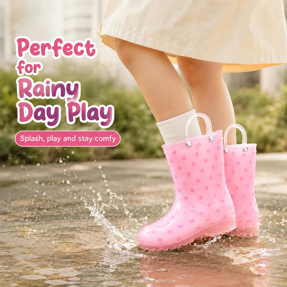 Kids Rain Boots with Pull Handles, Cute Cartoon Polka Dot Design, Girls Waterproof Wellies for Outdoor Water Play, Camping and Adventures