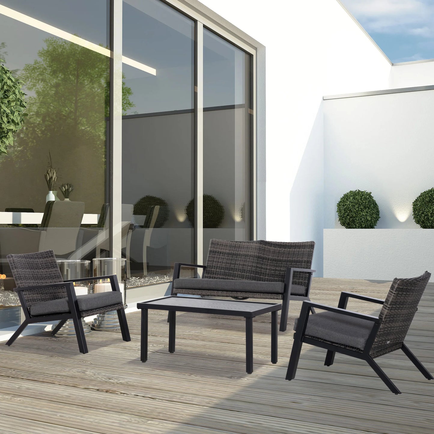 4Pc Outdoor Wicker Patio Furniture Set, Rattan Sofa, 2 Chairs, Table