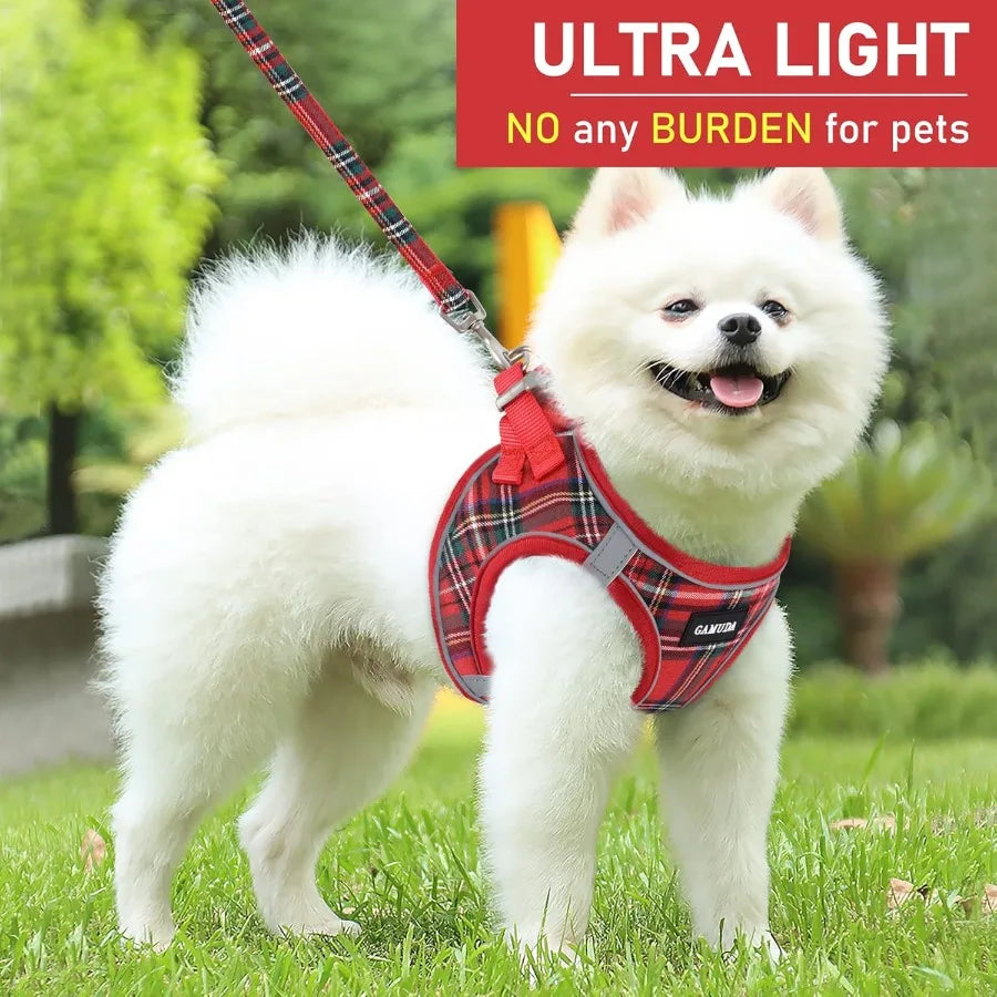 Small Dog Harness Collar and Leash Set for Puppy Cats Kitten Rabbit with Soft Mesh Adjustable Vest Design in Plaid Reflective P