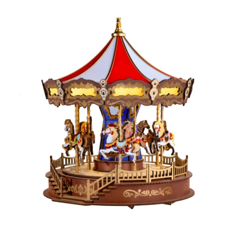 3D Wooden Puzzle Carousel Music Box With LED Lights Gear Model Building Construction Craft Kits Xmas Gifts for Adult