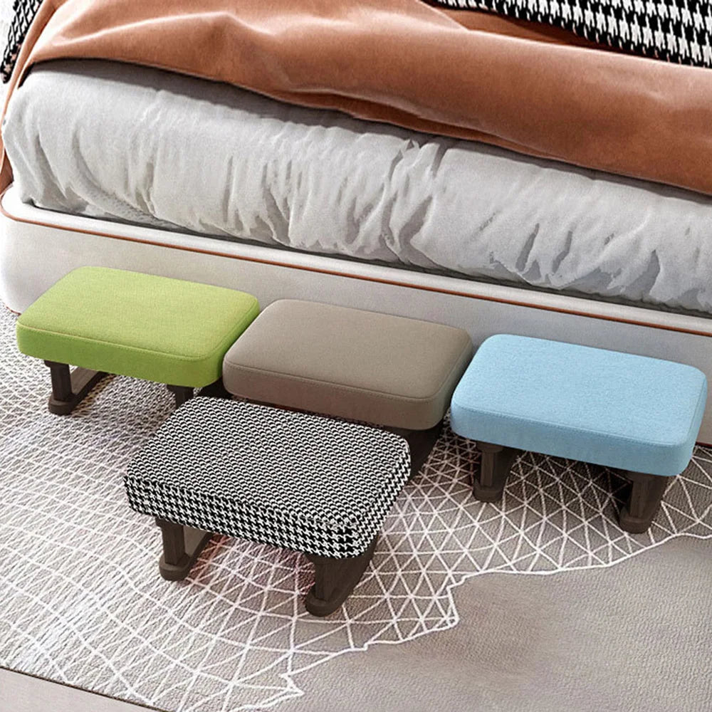 Coffee Color Solid Wood Rocking Footstool Linen Upholstered Padded Ottoman Stool Portable Small Shoe Changing Bench Low Foot Rest Stool for Entryway Living Room Sofa Side Bedroom Home Furniture 1 Piece
