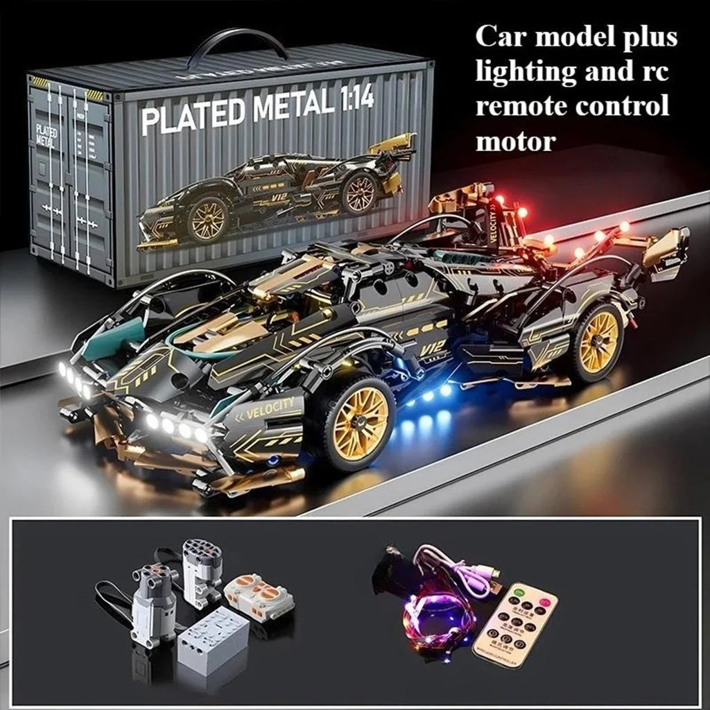 Black V12 Block Roadster RC Tech Racer 1:14 DIY Roadster Building Block Assembly Block Car Toy Birthday Gift （1280+Granule）