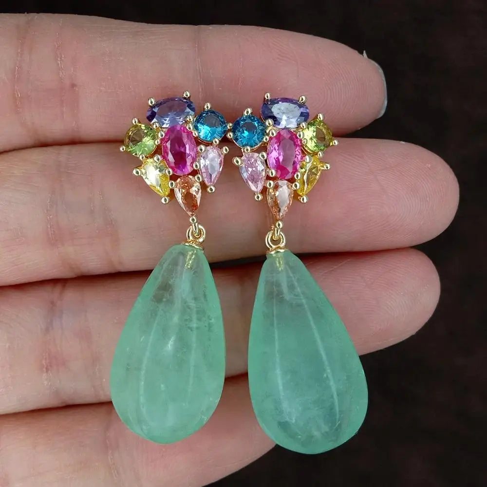 YYGEM 14x23mm Natural Green Fluorite Teardrop Cz Pave Stud Dangle Earrings