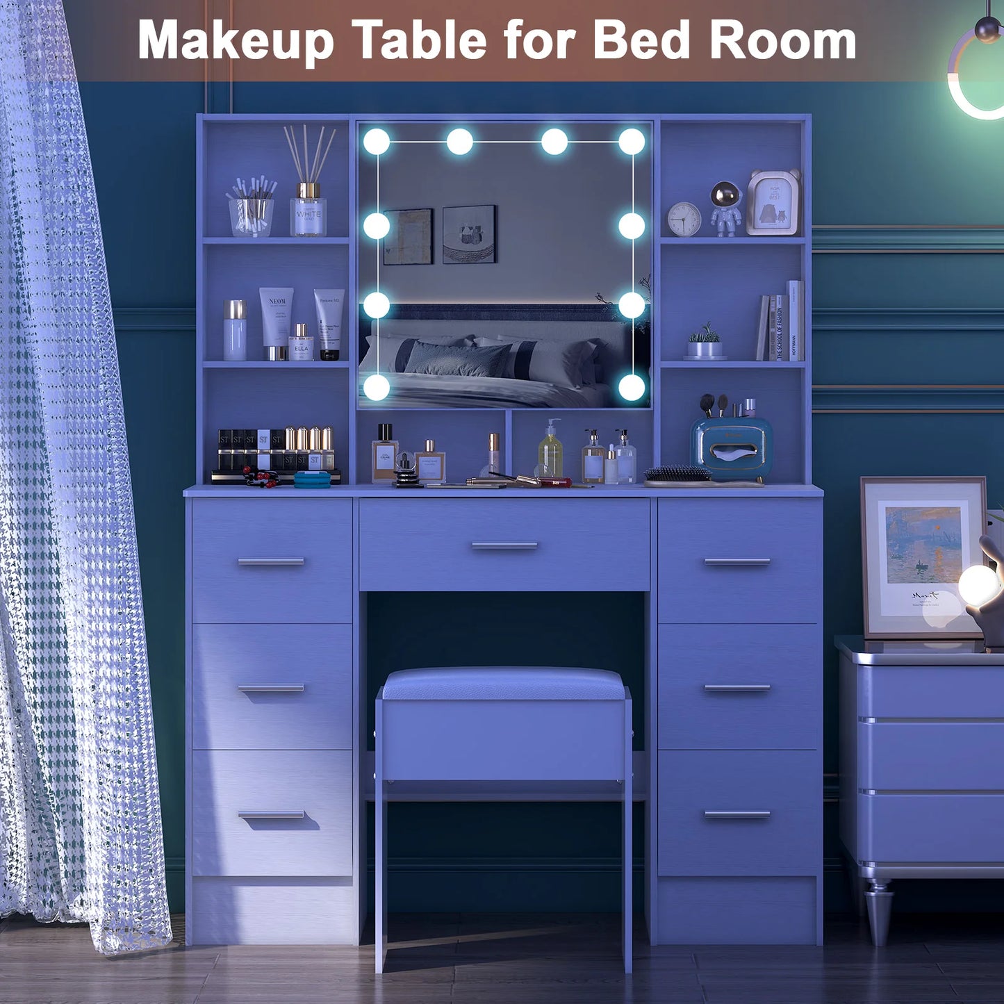 Minimalist natural wood vanity with light-up mirror – 3 light modes, slide-out drawers & shelves