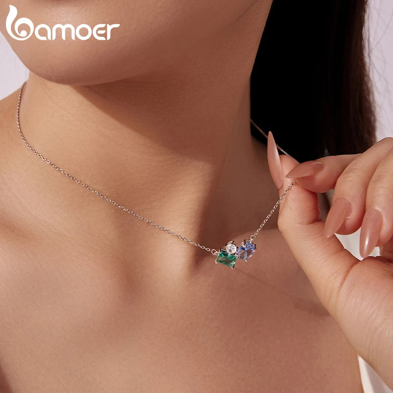 Bamoer 925 Sterling Silver Necklace Blue Green Stone  White Gold Zirconia Pendant Adjustable Chain for Women Fine Jewelry Gift