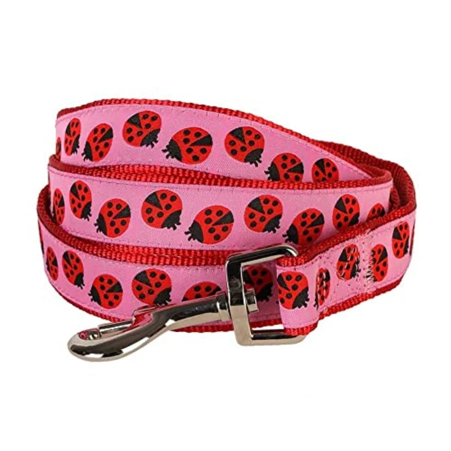 Essentials 2 Patterns Durable Pink Webbing Ladybug Designer Dog Leash 4 ft x 1 Large Basic Nylon Leashes for Dogs in Outdoor Wa