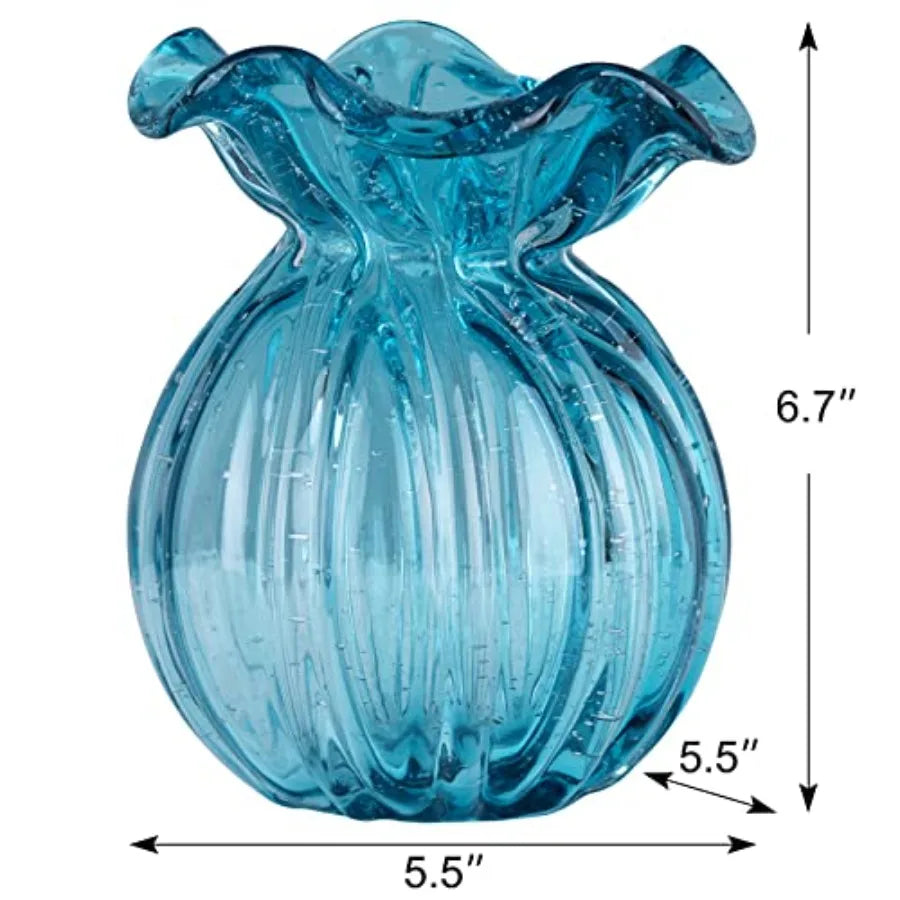 Blown Glass vase, Green Glass vase, Modern Art vase, Wide Mouth vase for Living Room Wedding Table Office centerpieces with Flo