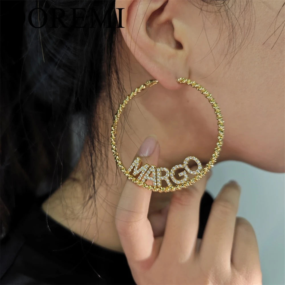 DOREMI 9mm Shiny Initial Letters Twisted Earring Hoop Custom Jewelry Crystal Zircon Nameplate Personalied Earring Gift For Women