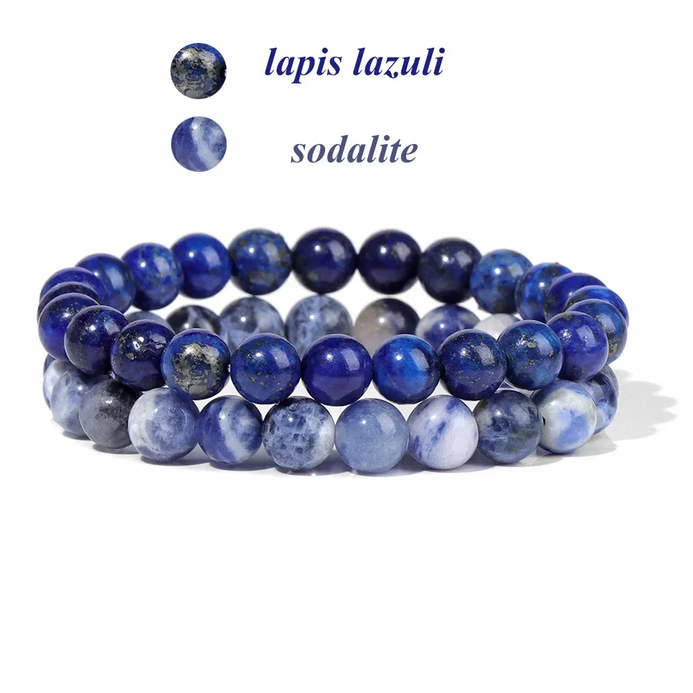 2Pcs Colorful Natural Stone Bead Bracelet Set 8MM Natural Agates Turquois Amethysts Quartzs Gem Stretch Bangle Jewelry Gift