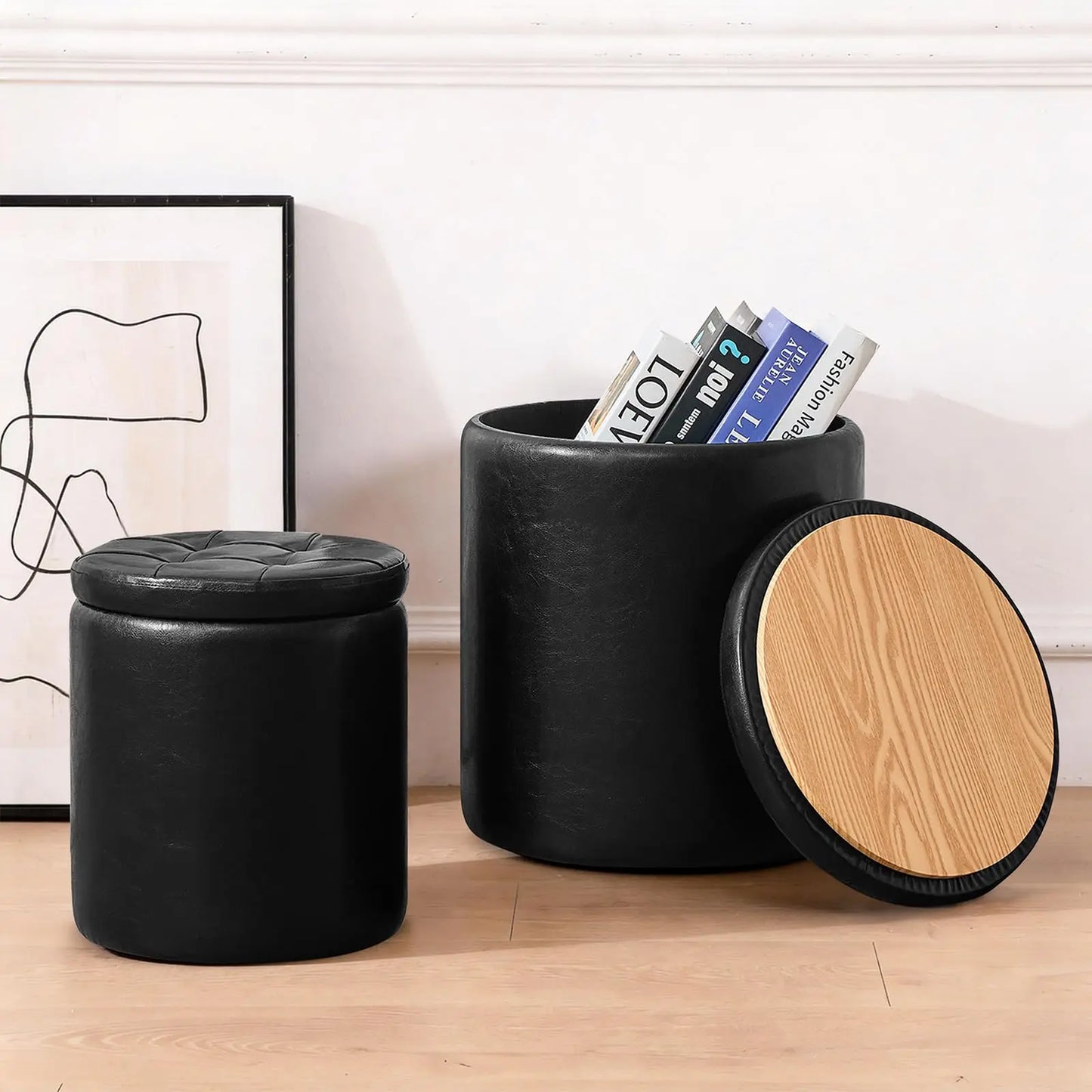 Round Ottoman with Storage Set of 2, 12.6"W x 14.17"H & 14.76"W x 17.32"H Faux Leather Button Tufted Storage Ottoman, Boucle Vanity Stool Footrest Coffee Table for Living Room, Bedroom, Brown