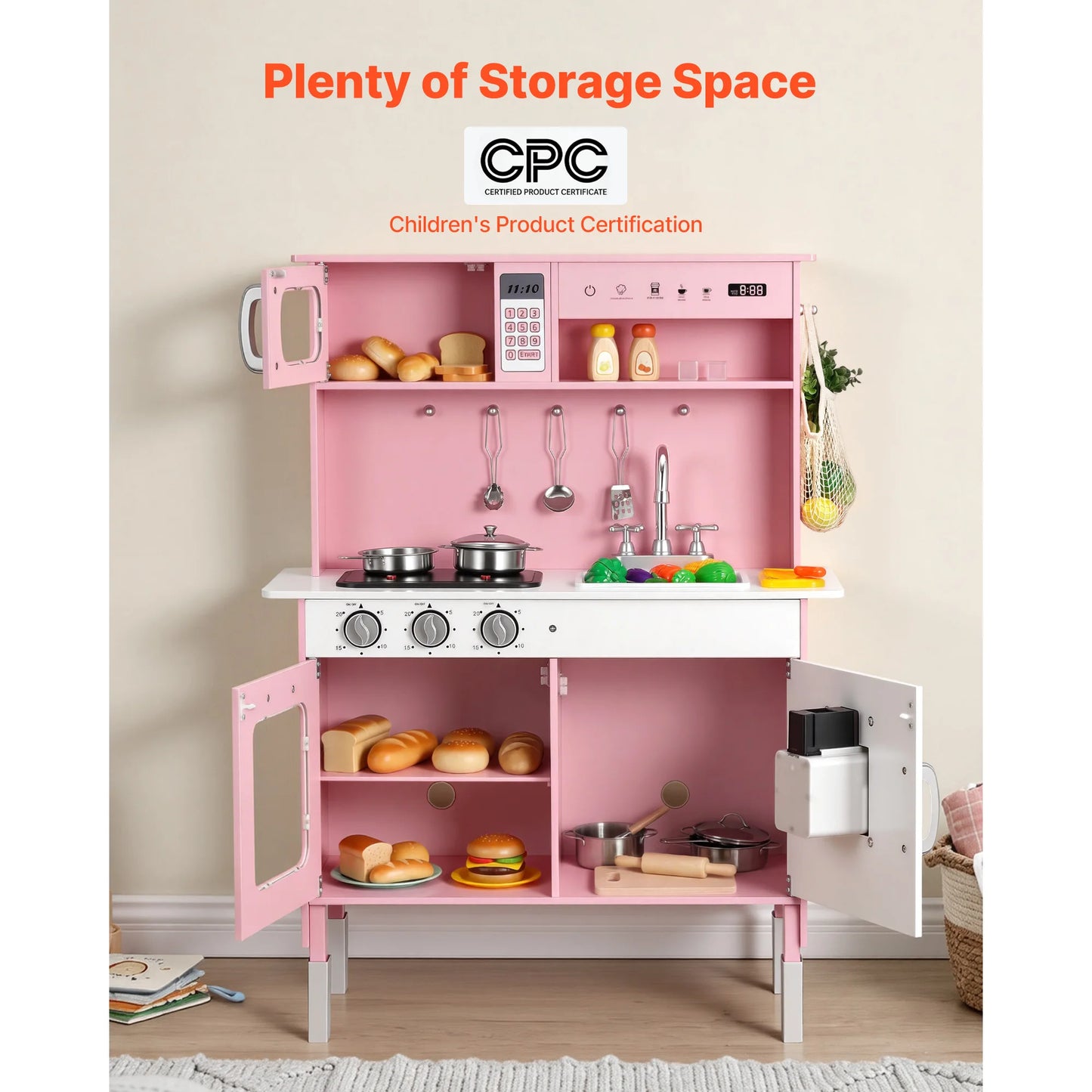 SucceBuy Play Kitchen for Kids Wooden Kids Kitchen Playset with Lights Sounds & Cookware Pretend Play Toy Set fit Toddlers Girls