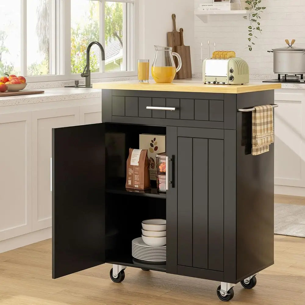 26 Rolling Kitchen Island Cart with Storage Cabinet, Towel Rack, and Mobility for Dining Room - Black