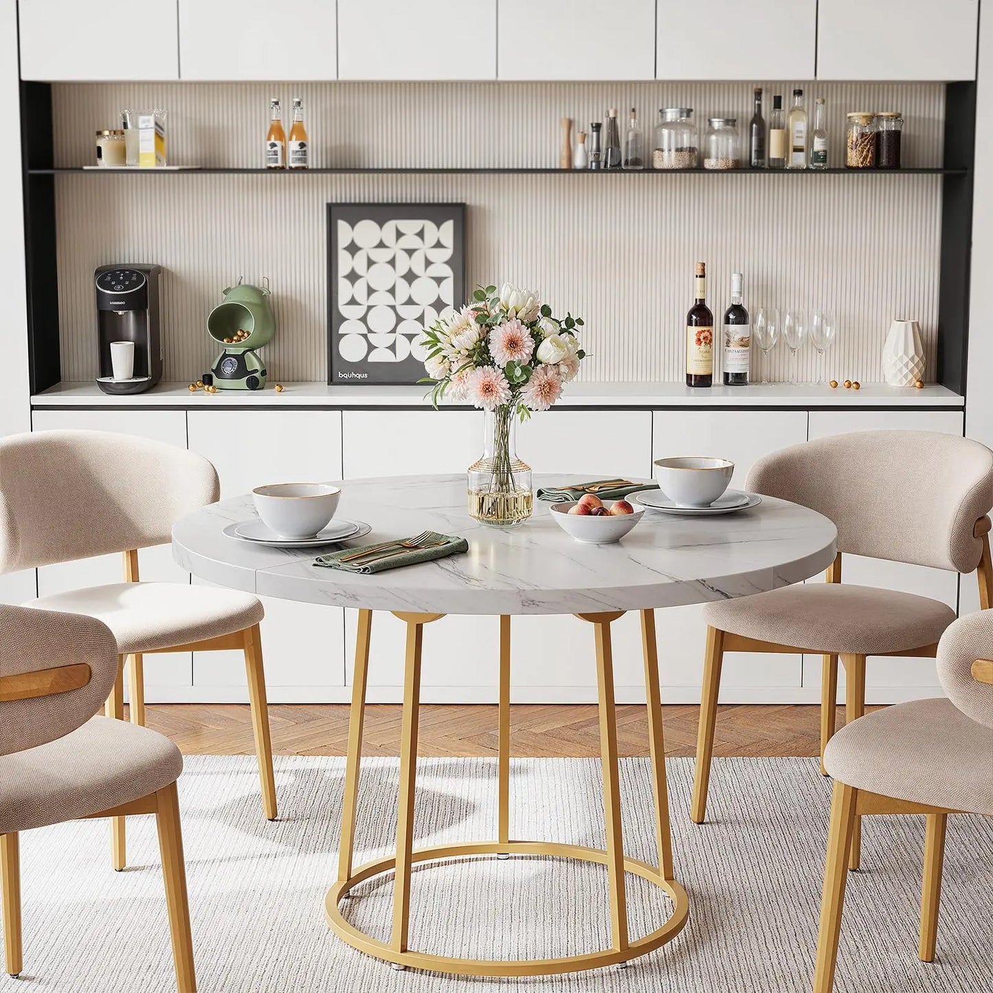 120cm Round Dining Table - Wooden Faux Marble Top & Gold Base Design - Modern Small Table for Kitchen Apartment Restaurant