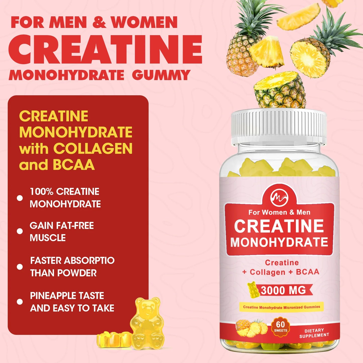 3000mg CREATINE MONOHYDRATE Gummies For Women & Men Proven Strength and Power Gains Muscle Production