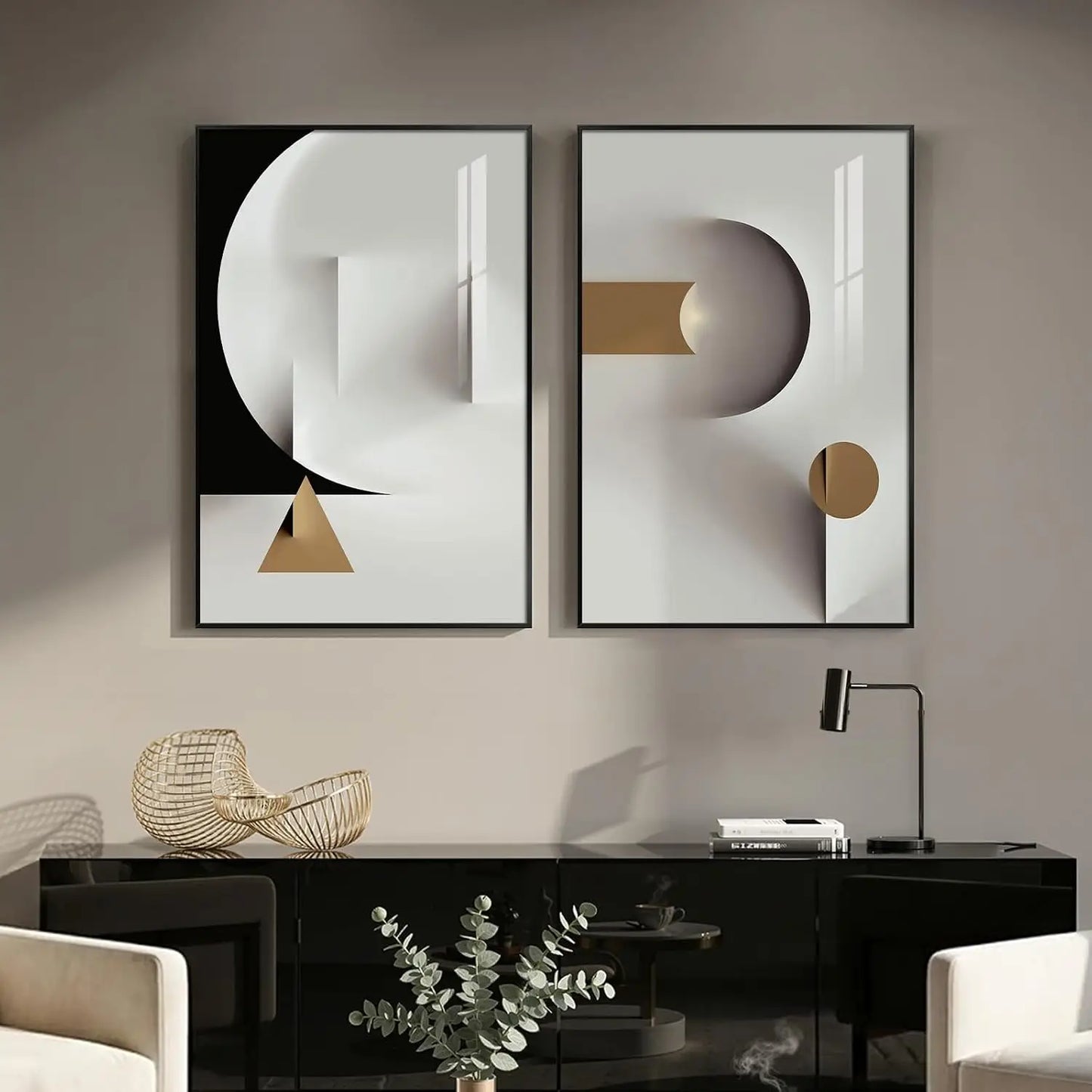 Framed Neutral Abstract Wall Art Set of 2, Black Beige Modern Canvas Prints Paintings Artwork for Walls, Minimalist Block Lines Pictures for Living Room, Dining Room, Bedroom Wall Decor 16x24 In