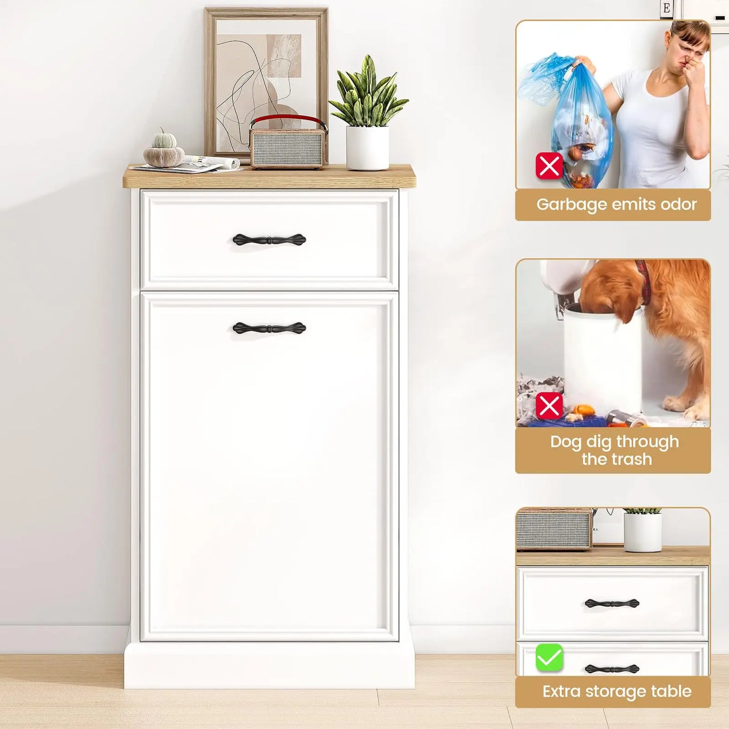 Trash Cabinet Tilt Out, Hidden Trash Can Cabinet 10 Gallon Storage Holder, Freestanding Pet-Proof Garbage Can Cabinet for Kitchen Dining Living Room
