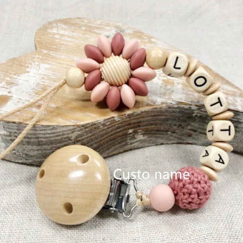 DIY Custom Name Silicone Beads Wooden Ring Pacifier Clips Safe Teething Chains Baby Teether Eco-friendly Dummy Beech Clips Gift