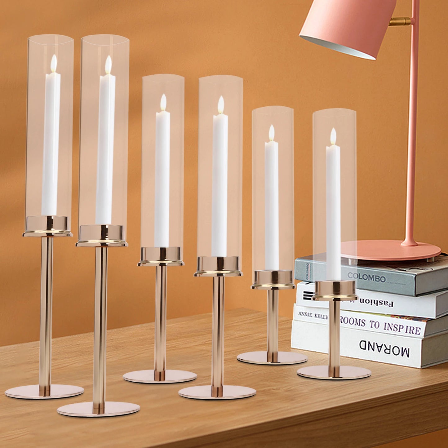 6PCS Candle Holder, Different Heights, Windproof, Gold, Decorative Glass Pillar Candle Holders for Home, Wedding, Party, Dinner