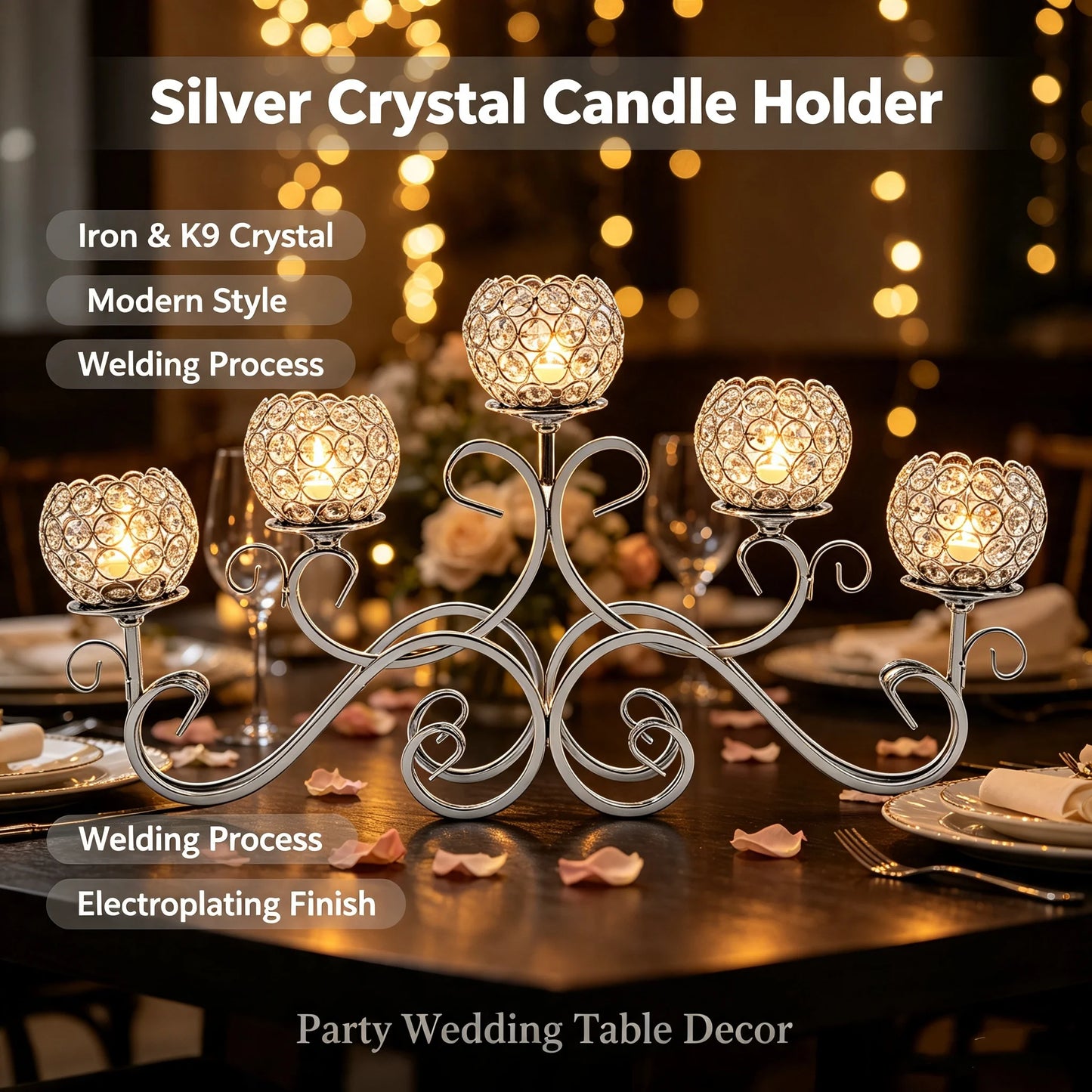 5 Arm Crystal Tea Light Candle Holder, 25.2×3.94×13.39 in Metal Crystal Candlestick Holder, Elegant Wedding Table Centerpiece Candleholder for Christmas, Party & Living Room Decoration (Silver)