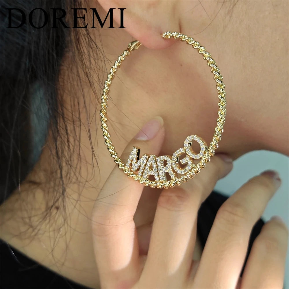 DOREMI 9mm Shiny Initial Letters Twisted Earring Hoop Custom Jewelry Crystal Zircon Nameplate Personalied Earring Gift For Women