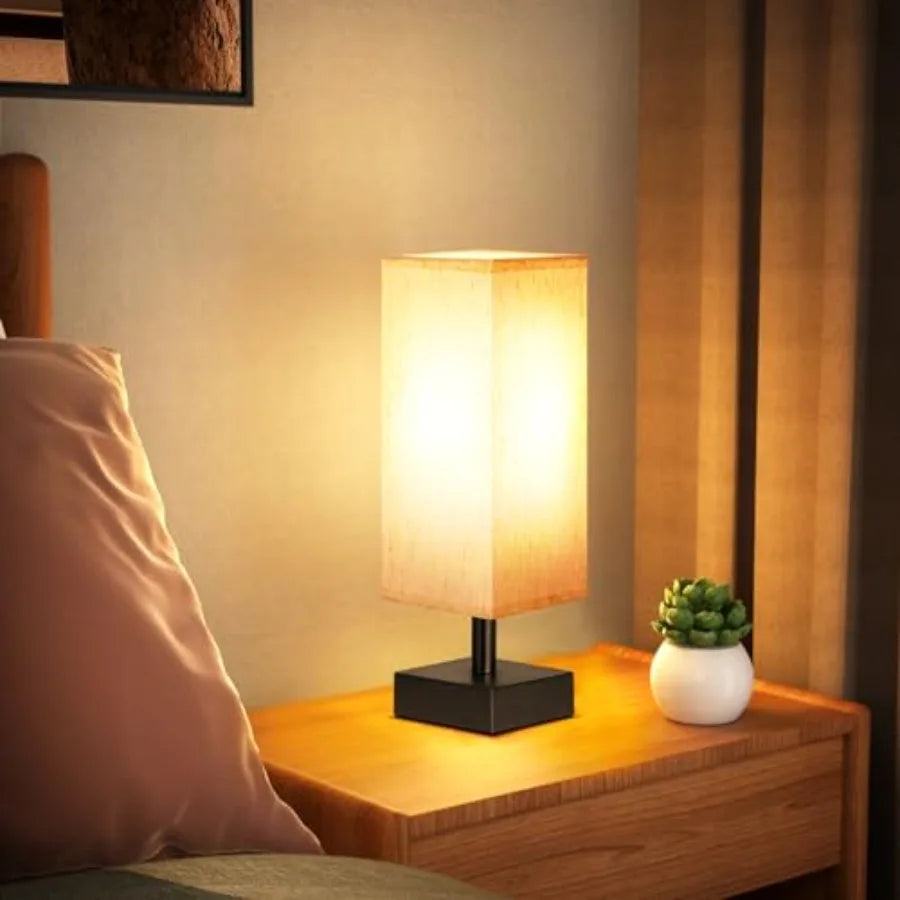 Small Table Lamp for Bedroom - Bedside Lamps for Nightstand, Minimalist Night Stand Light Lamp with Square Fabric Shade, Desk R