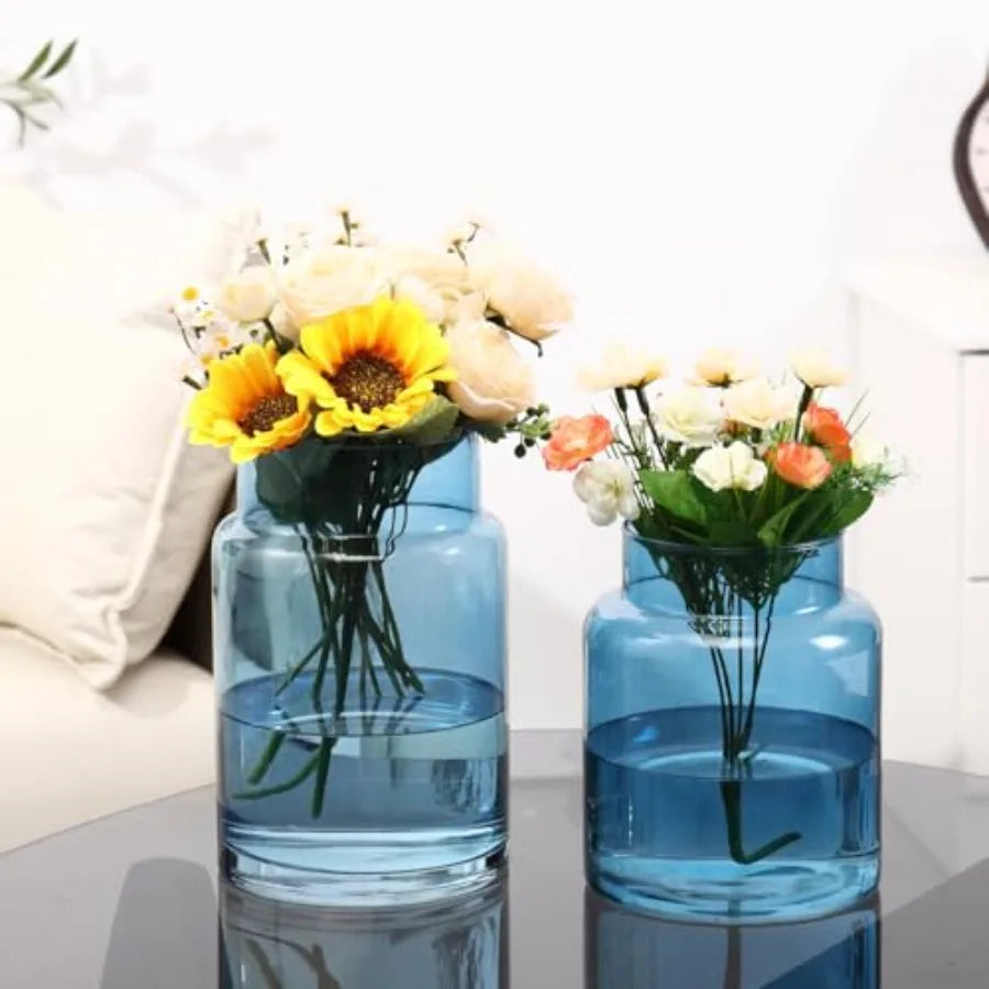 Large Glass Vase, Blue Glass Vase Set of 2, Large Flower Vases for Bouquet, Tall Wide Mouth Vases for Flowers, Home, Wedding, L