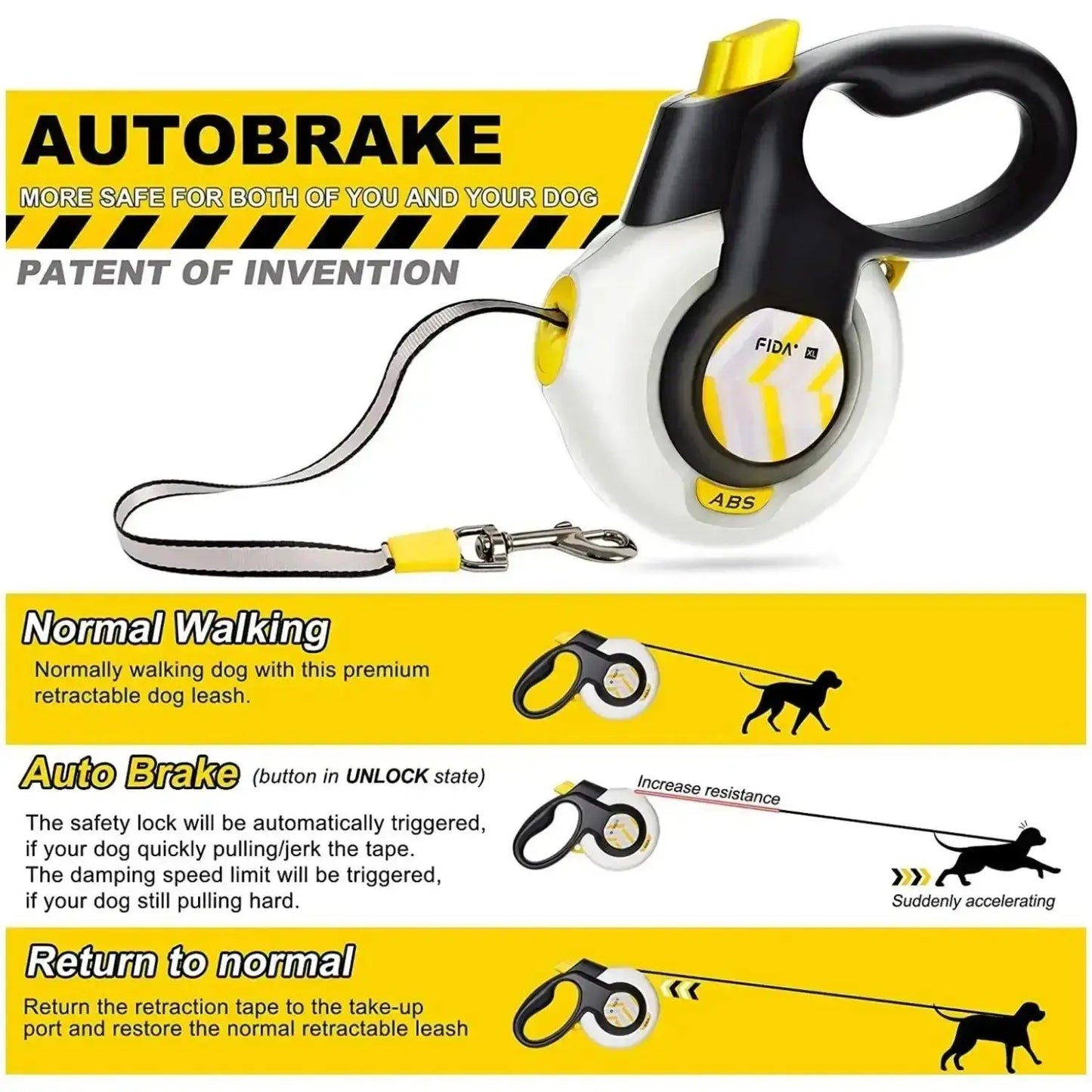 Smart Auto-Brake Retractable Dog Leash 16Ft 5M Heavy Duty No Pull Pet Walking Lead Rope Tangle-Free One-Hand Lock Anti-Slip Soft Handle for Medium Large