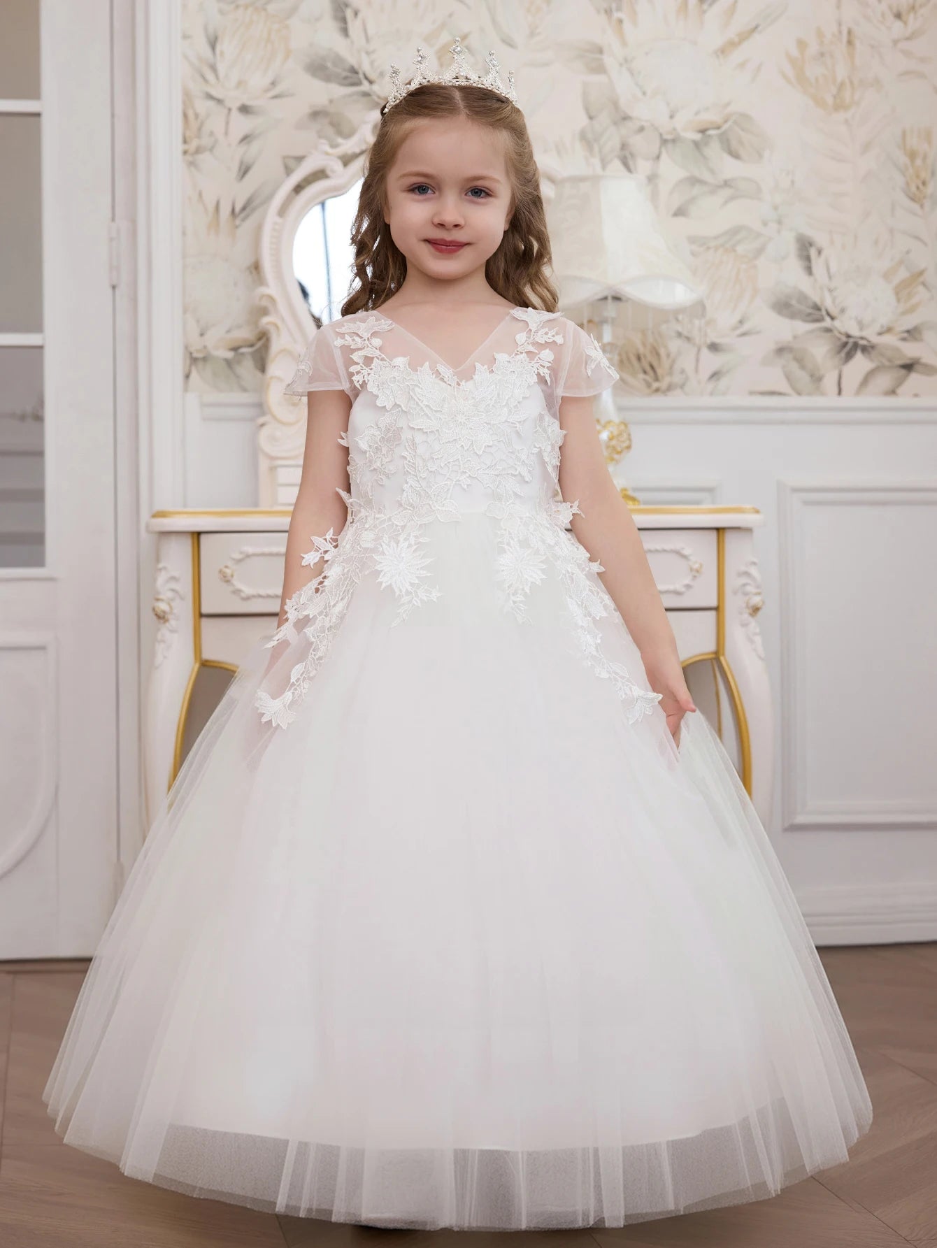 Kids Princess Ivory Short Sleeve Floral Embroidered Tulle Ball Gown Maxi Pageant Dress For Formal Events