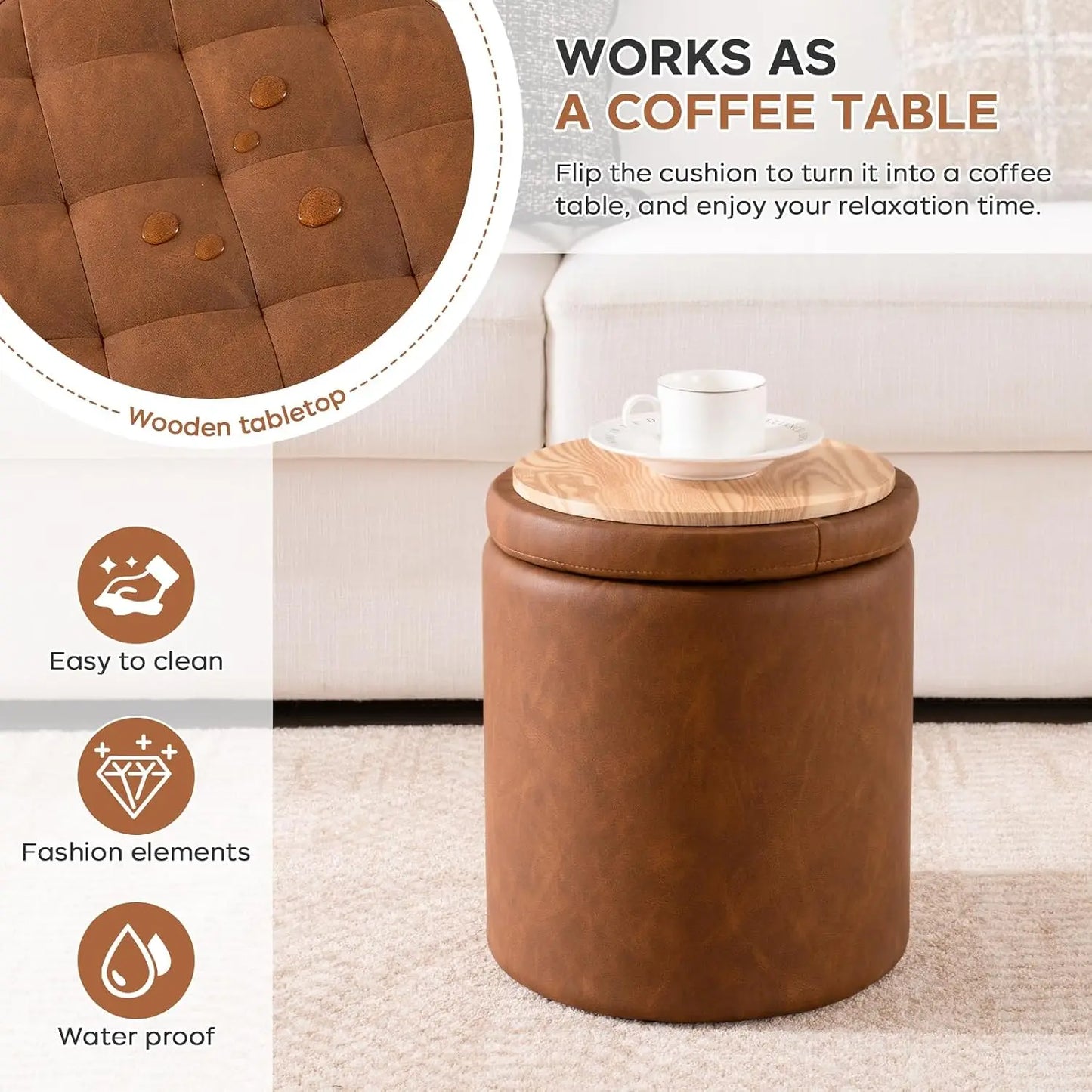 Round Ottoman with Storage Set of 2, 12.6"W x 14.17"H & 14.76"W x 17.32"H Faux Leather Button Tufted Storage Ottoman, Boucle Vanity Stool Footrest Coffee Table for Living Room, Bedroom, Brown
