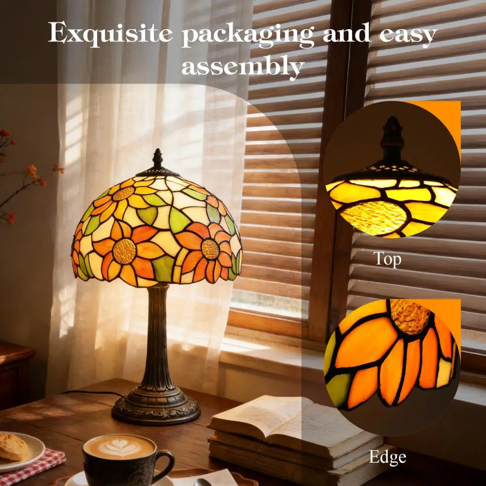 Stained Glass Bedroom Table Lamp, 12-inch Yellow Sunflower Reading Desk Light for Bedside, Living Room, Office, Dining Room