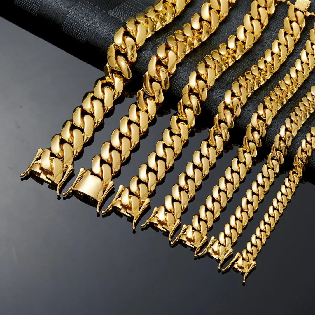8-22mm Hip Hop Bling Gold Color Stainless Steel Dense Cuban Miami Link Chain Necklaces for 18k Gold-plated  Men Rapper Jewelry