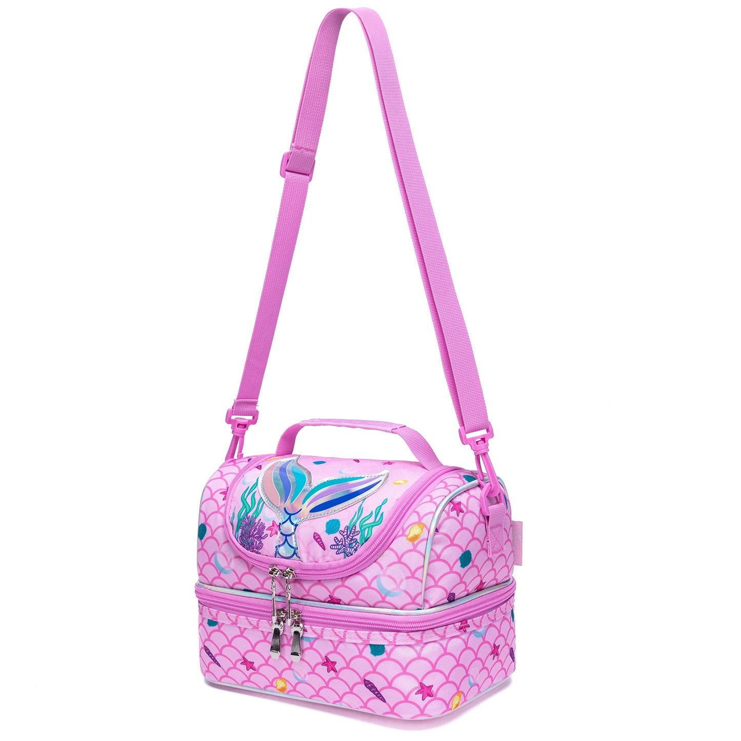 Cute Cartoon Animal Double Deck Girls Lunch Bag Portable Insulated Leakproof Lunch Tote with Detachable Shoulder Strap for School Nursery