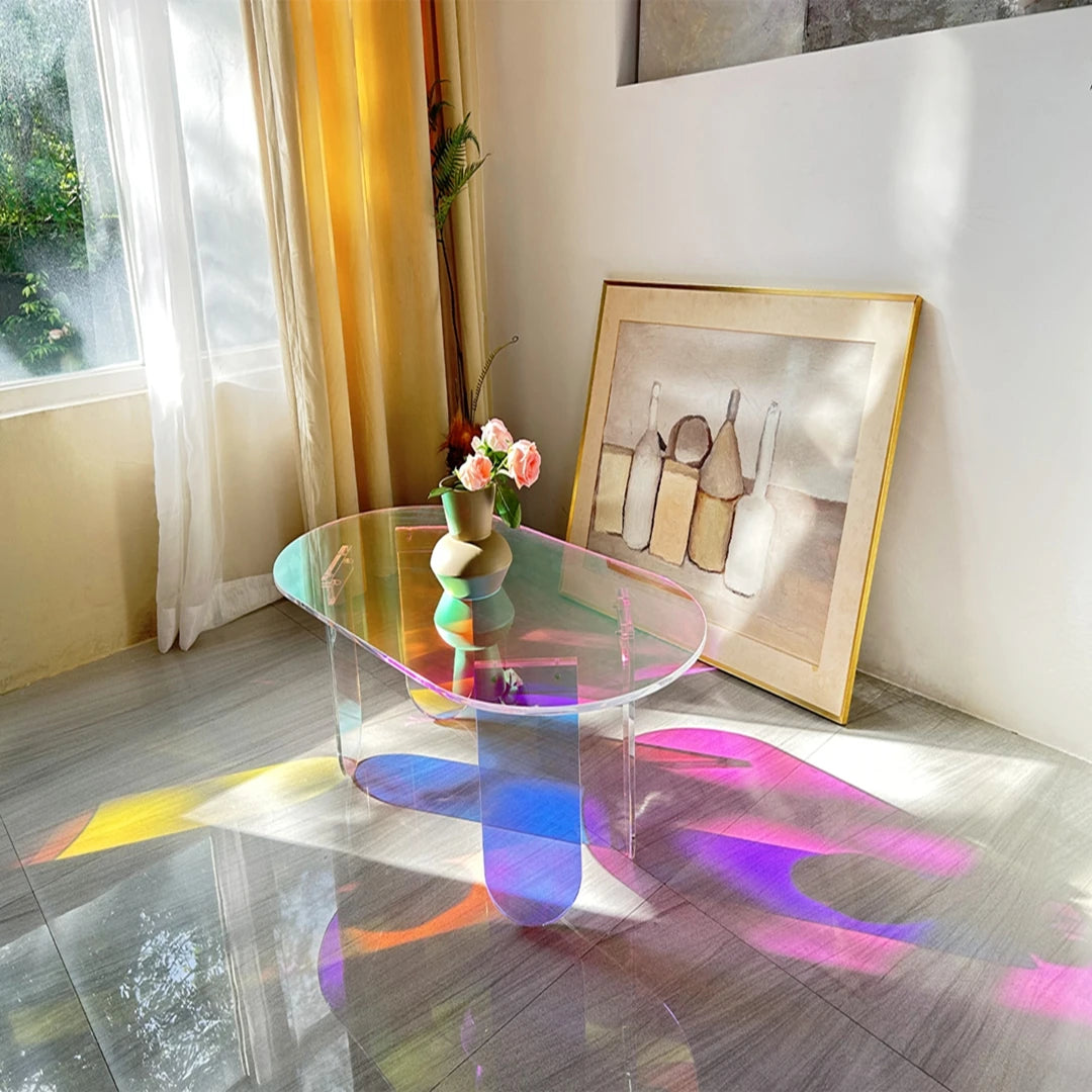 Modern Acrylic Coffee Table Clear Side Table with 4 Legs Rainbow Accent Furniture Space-Saving Living Room/Office Decor