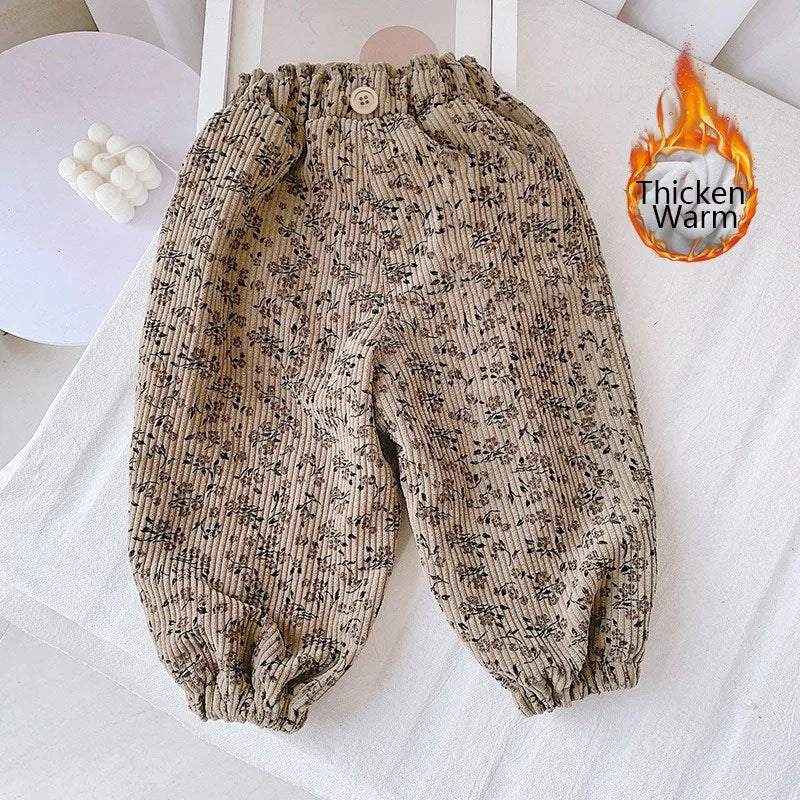 Spring Autumn Girls Korean Corduroy Floral Pants Thicken Fleece Warm Children Trousers Fashion Leopard Print Boys Pants Outwear