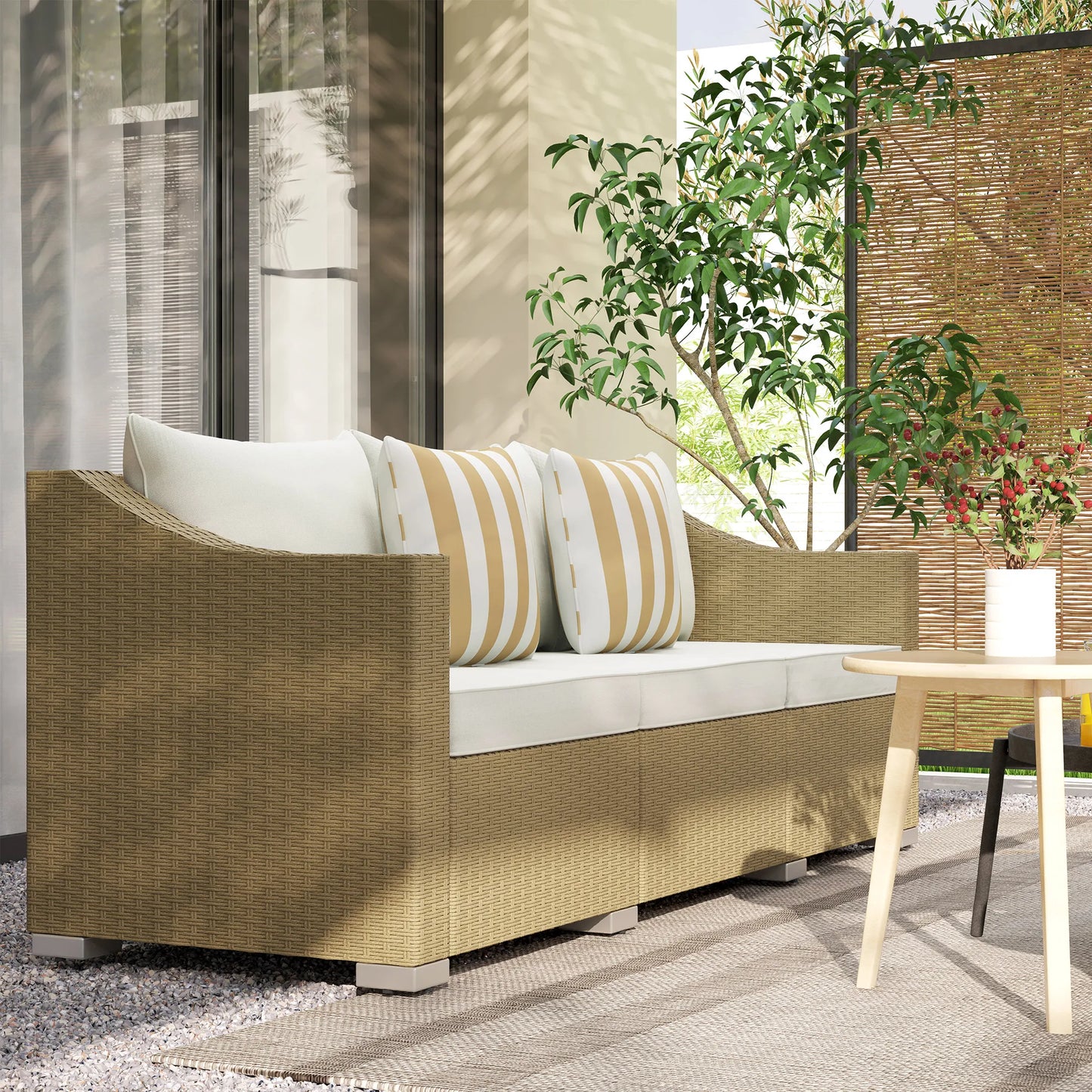3 Seater Patio Wicker Sofa, Outdoor Furniture Rattan Couch with Cushions, Throw Pillows, for Garden, Backyard, Porch