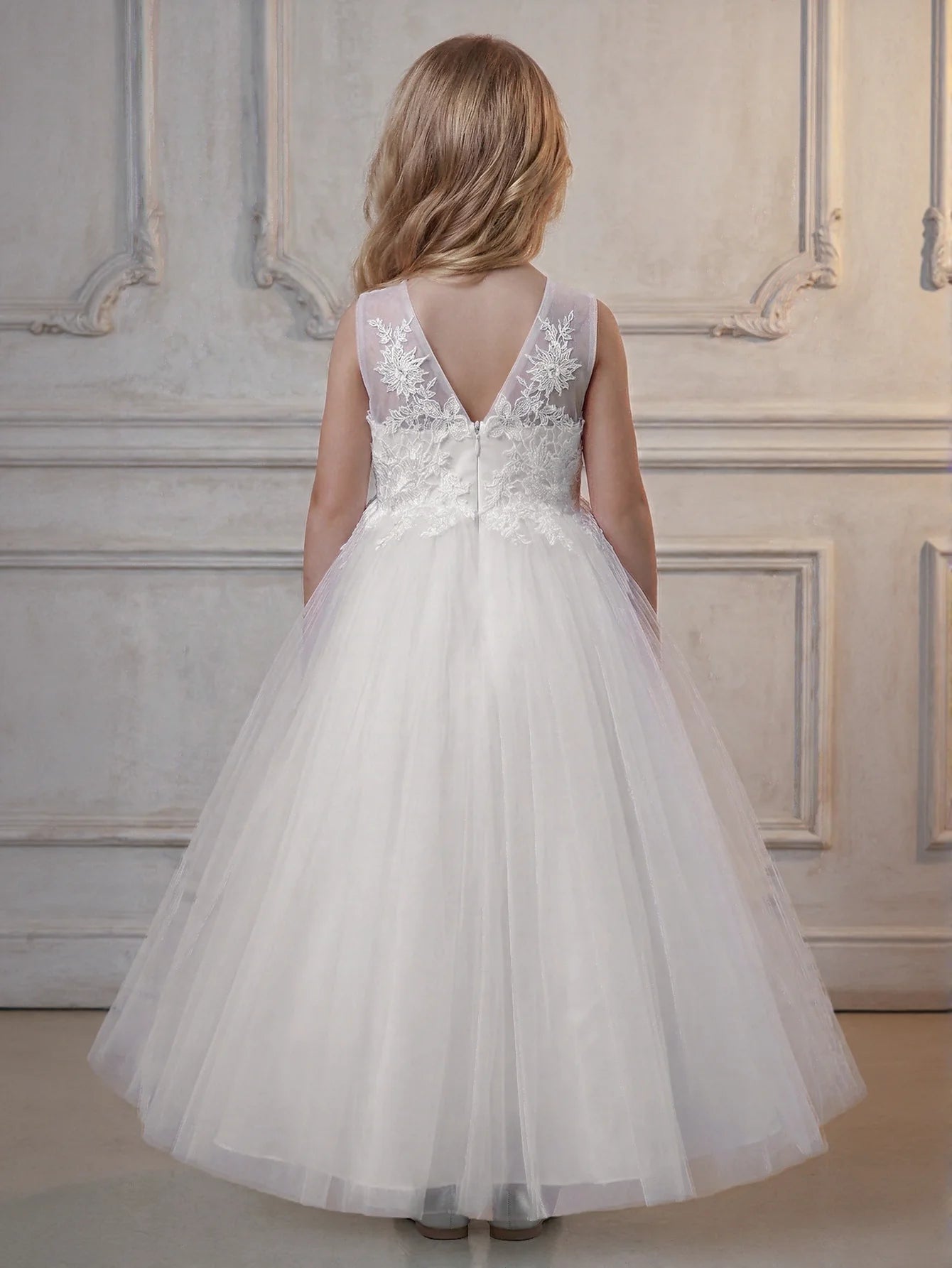 Kids Princess Ivory Short Sleeve Floral Embroidered Tulle Ball Gown Maxi Pageant Dress For Formal Events