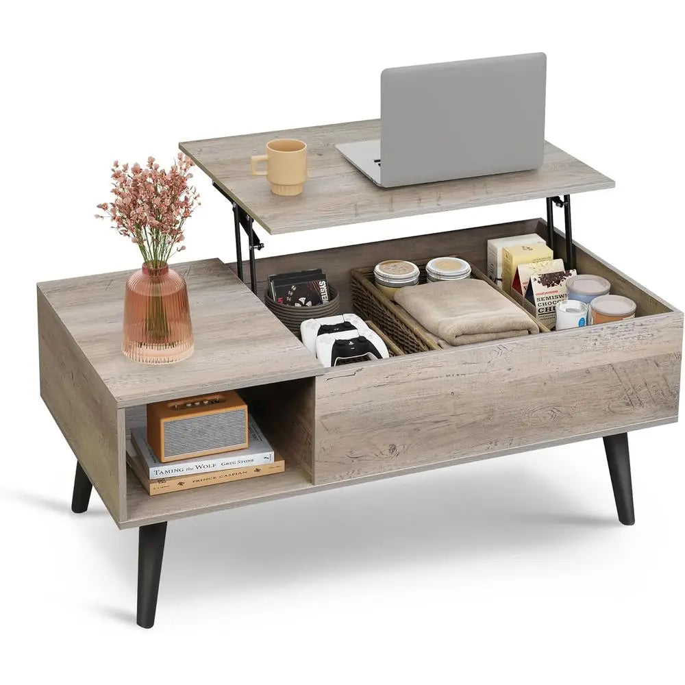 39 Grey Living Room Coffee Table with Storage and Wooden Lighted Top