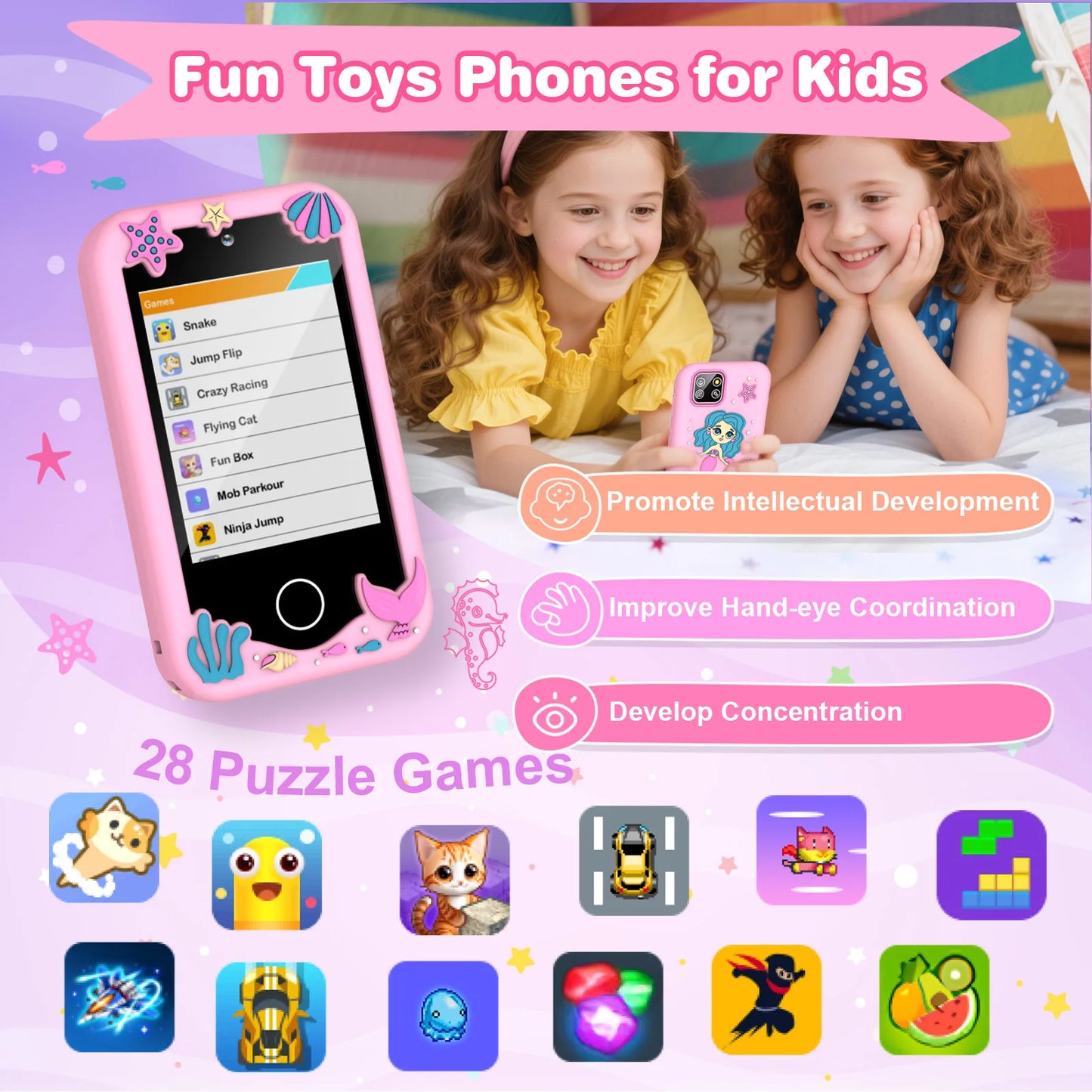M SANMERSEN Kids Smart Phone for 3-6 Year Olds – 2.8" Touchscreen, Dual Camera, 28 Learning Games, MP3 Music Player, 32GB SD Card – Educational Toddler Phone Toy for Boys & Girls