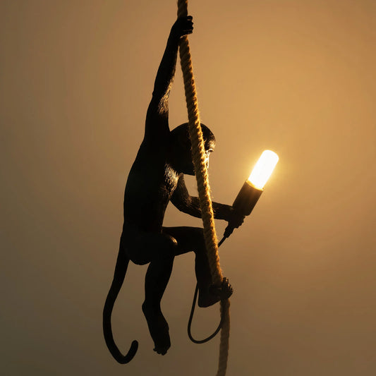 Pendant Light with Adjustable Hemp Rope and Resin Monkey for Home Lighting