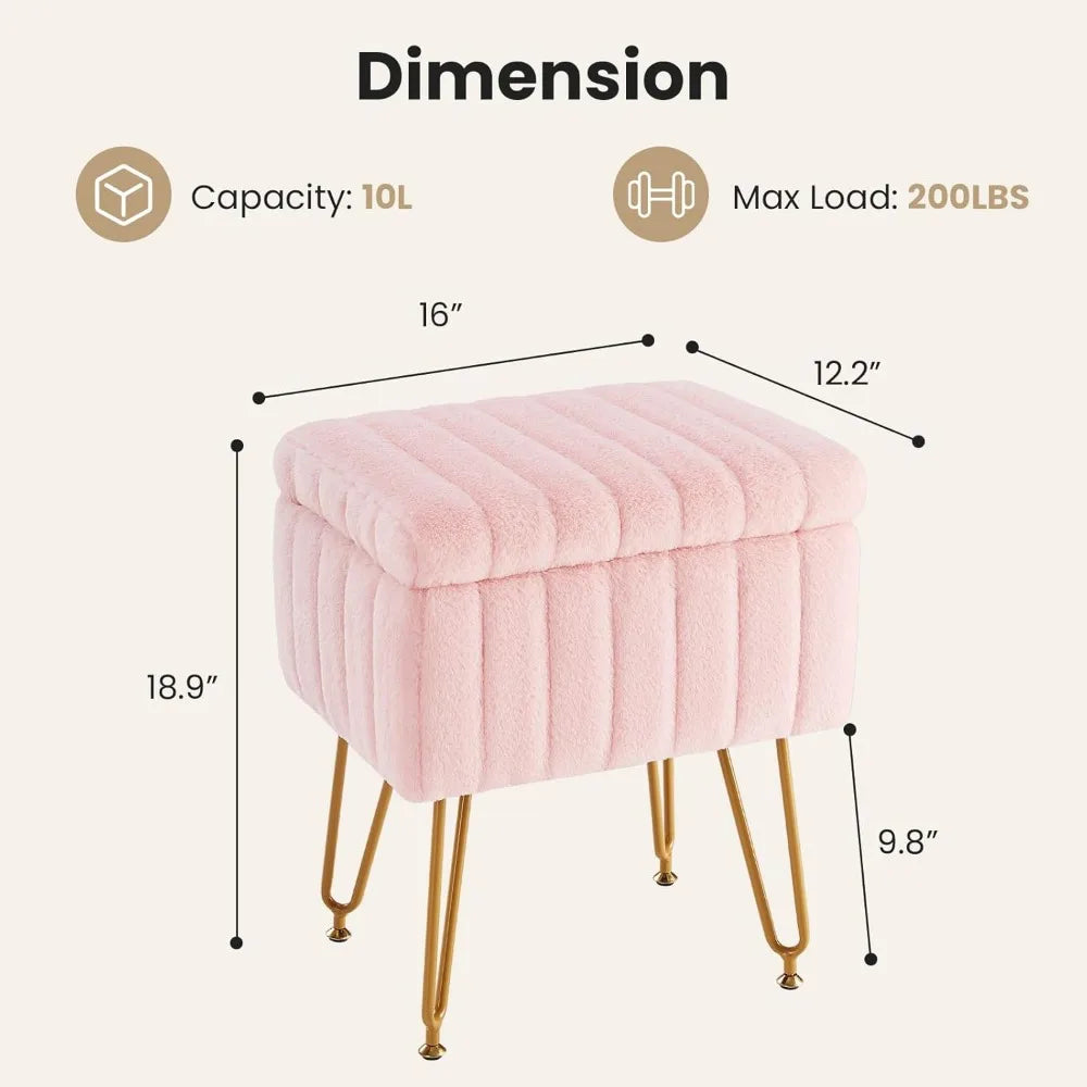 Vanity Stool with Hidden Storage Soft Faux Fur Seat Metal Legs Adjustable Feet for Dressing Room Bedroom Dorm