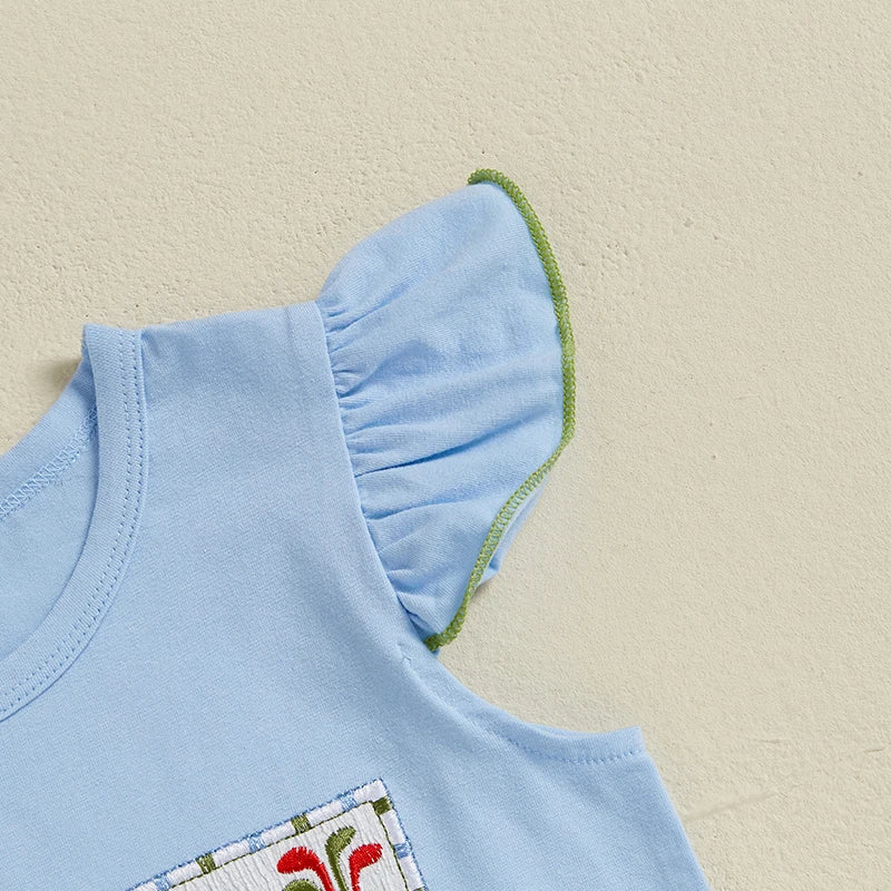 Adorable Baby Girls Summer Outfits with Embroidered Golf Design Flutter Sleeves and Elastic Ruffle Plaid Shorts - Stylish