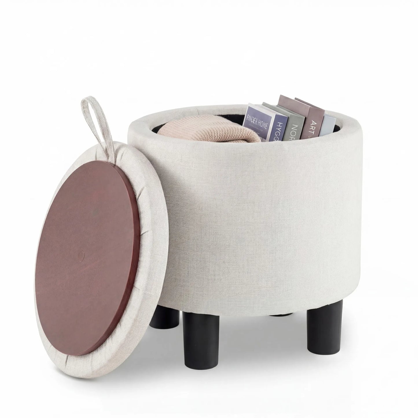 Round Storage Ottoman, Linen Fabric Upholstered Footrest Stool w/ Removable Lid