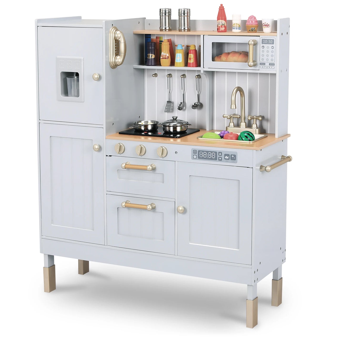 AOOU Wooden Play Kitchen for Kids, Pretend Cooking Toy Playset with Storage & Accessories, Realistic Light & Sound