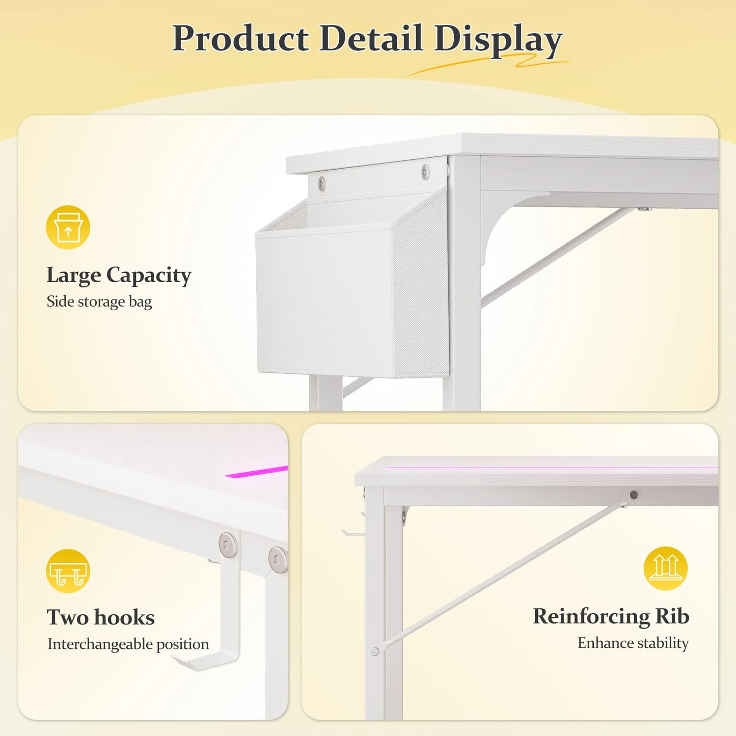 EnHomee 31.5" RGB LED Vanity Desk Waterproof Writing Desk with Headphone Hook & Storage Bag, Metal Frame Home Office Table for Bedroom Dorm