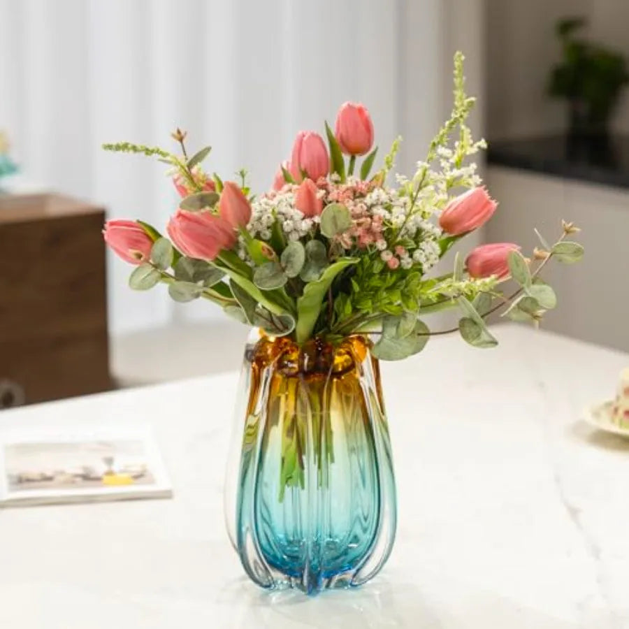 Hand Blown Glass Flower vases, Unique Glass vases, Wide Mouth vases, Small Modern Art Deco Glass vases for Home Living Room