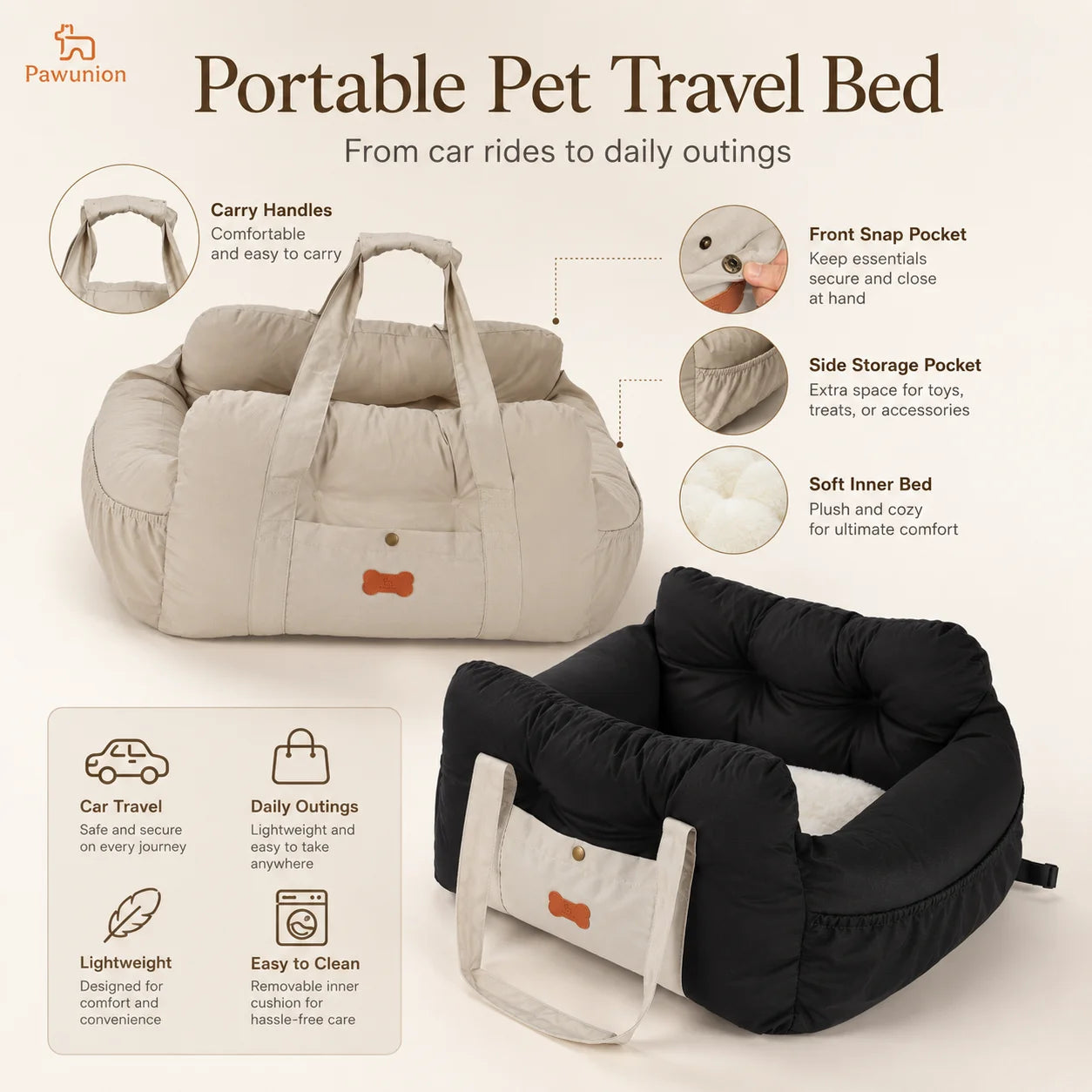 Dog Car Seat for Small Medium Dogs, Portable Pet Booster Seat with Soft Plush Interior, Storage Pocket & Safety Tether, Cozy Travel Bed for Front or Back Seat