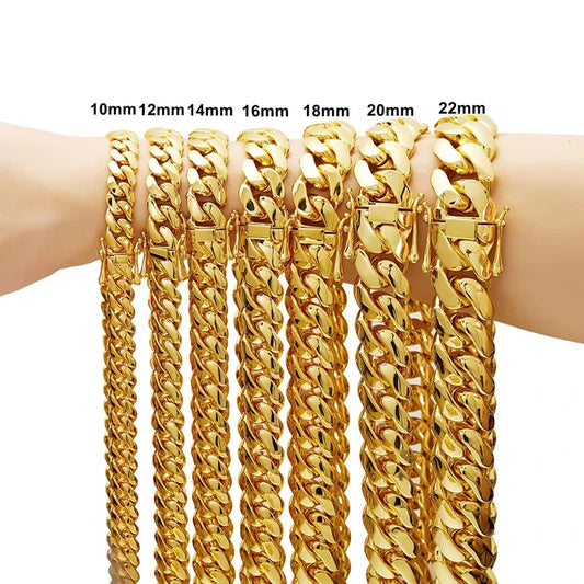 8-22mm Hip Hop Bling Gold Color Stainless Steel Dense Cuban Miami Link Chain Necklaces for 18k Gold-plated  Men Rapper Jewelry