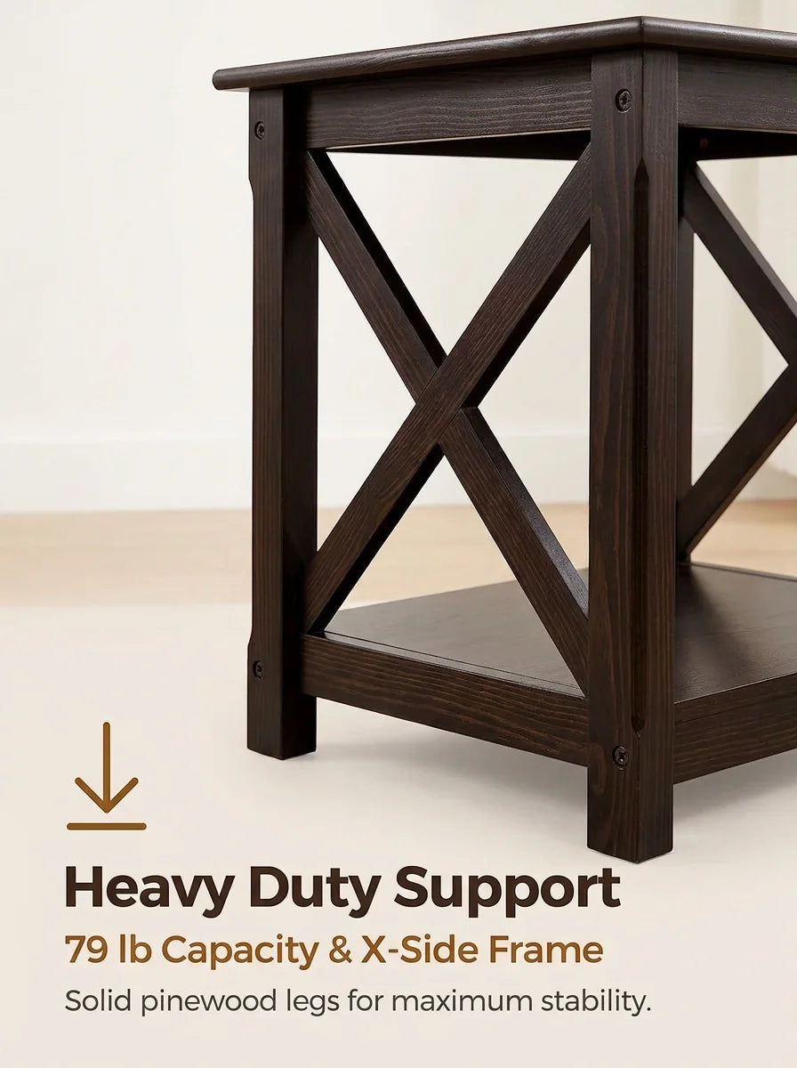 2 Tier End Table with Storage Shelf, Strong X Design Side Table for Living Room, Small Corner Table for Small Spaces