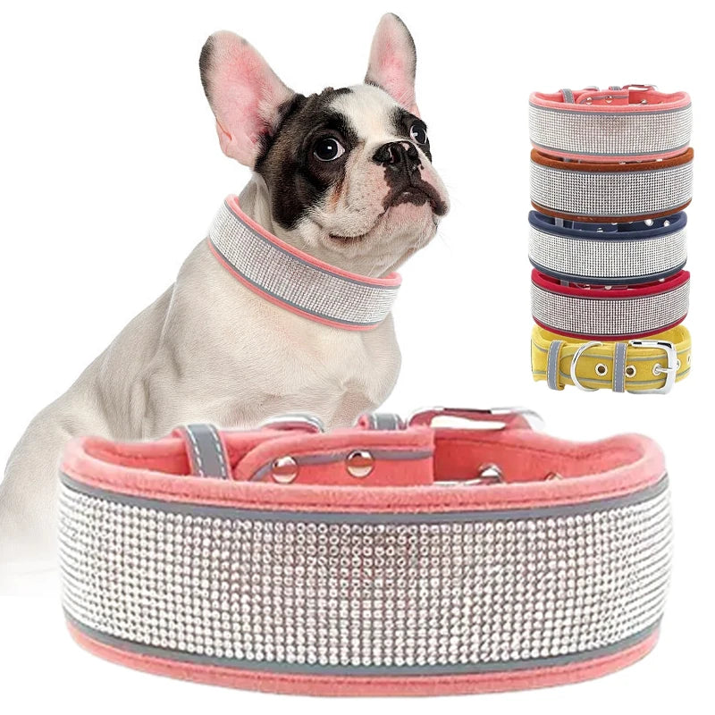 CL202-2D--adjustable suede fabric pet dog collar, rhinestone decoration.